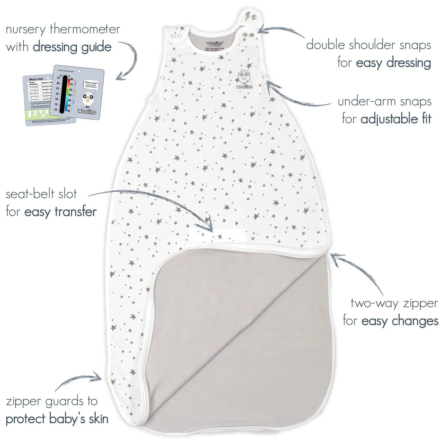 4 Season Ultimate Baby Sleep Bag, Merino Wool & Organic Cotton, 2 Months - 2 Years, Star White