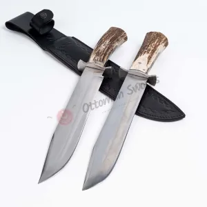 Antler Crown Bowie Knife With Sheath Carbon Steel Blade, Genuine Horn Handle, Steel Handguard - Length 17,7 ”