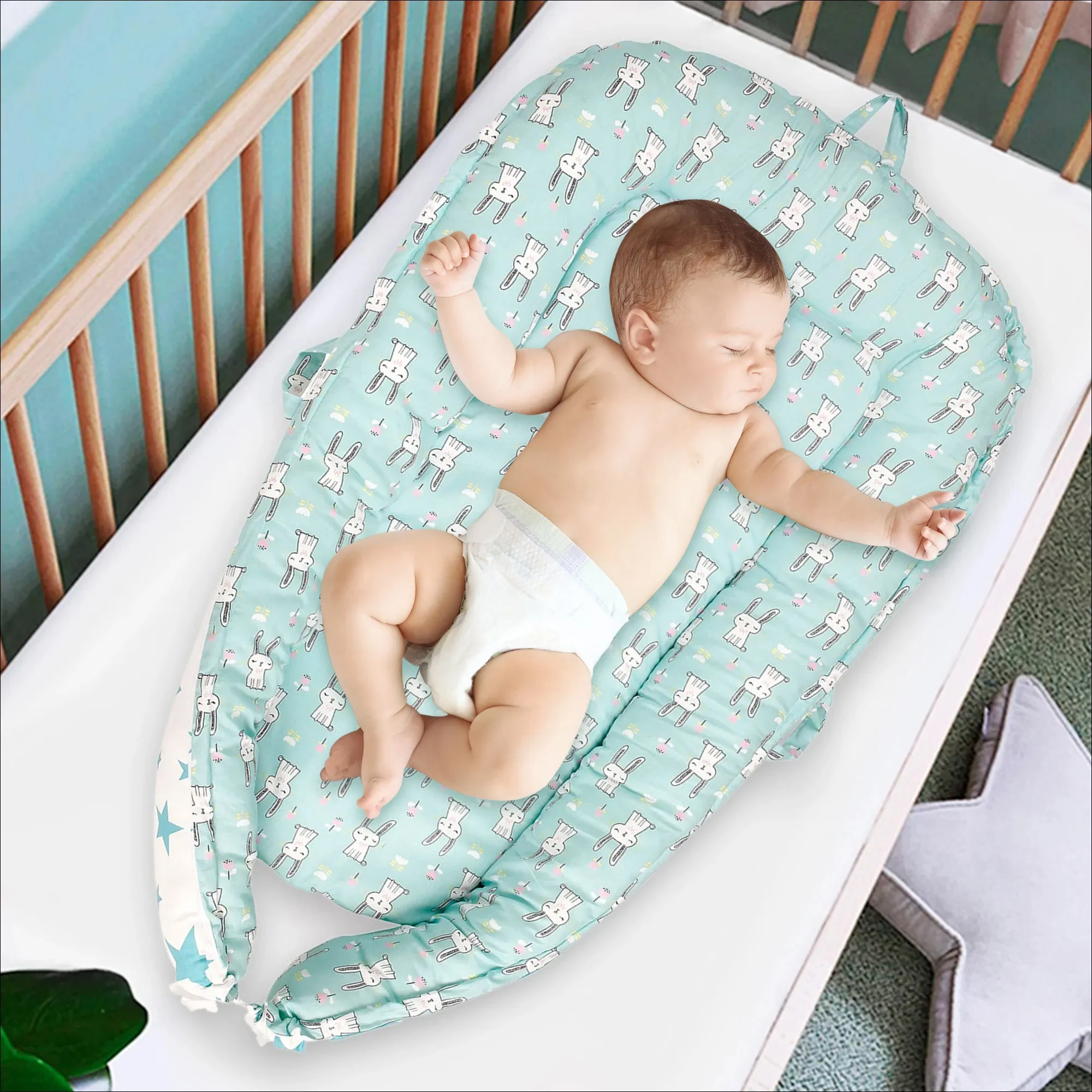 Baby Bed Cum Carry Nest Star And Rabbit Blue