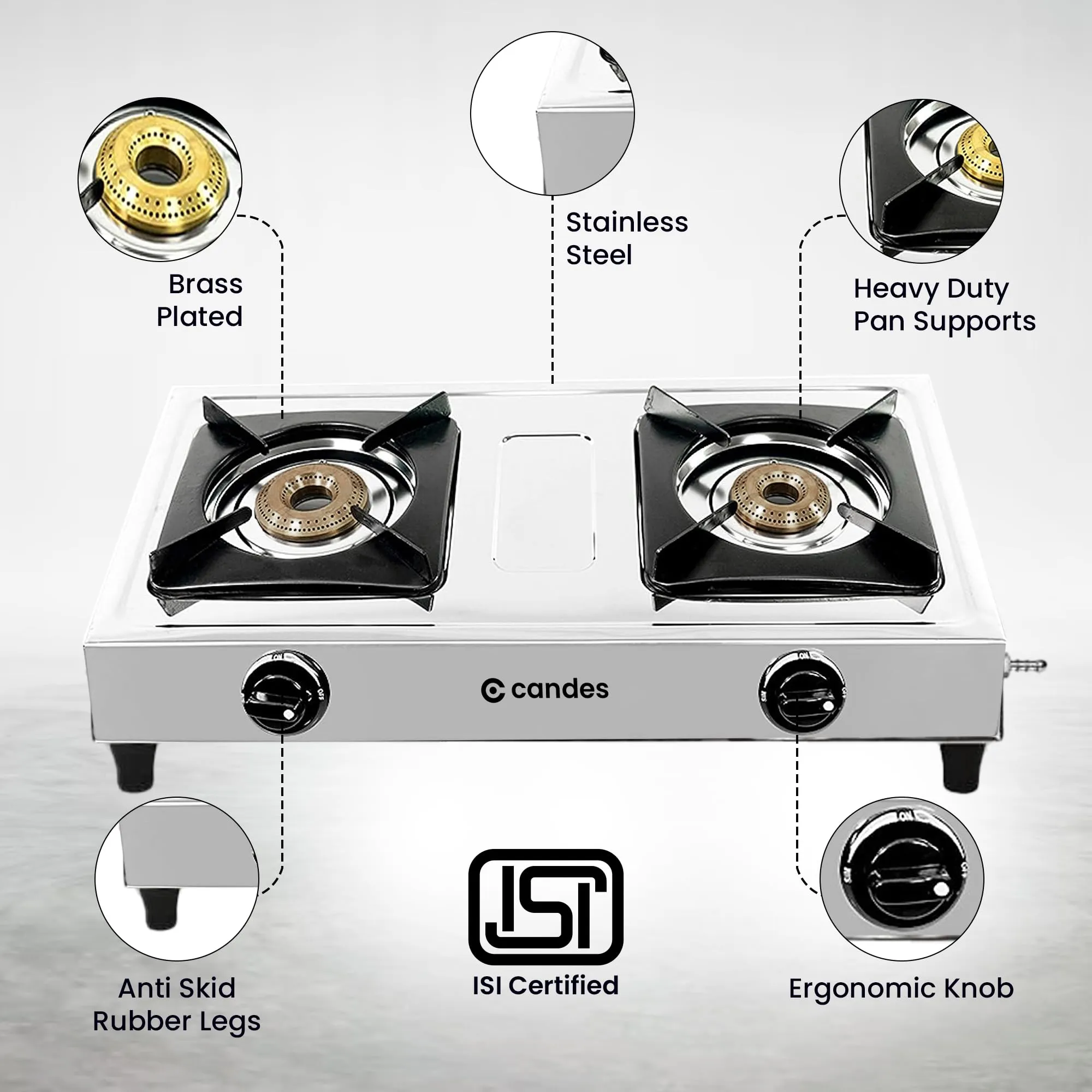 Candes Gas Stove 2 Burners with Premium Gas Saver Burners | Manual Ignition 2 Burner Gas Stove | 6mm Toughened Glass Gas Chulha | LPG Gas Stove | ISI Certified | 1 Yr Warranty | Steel Gas Stove