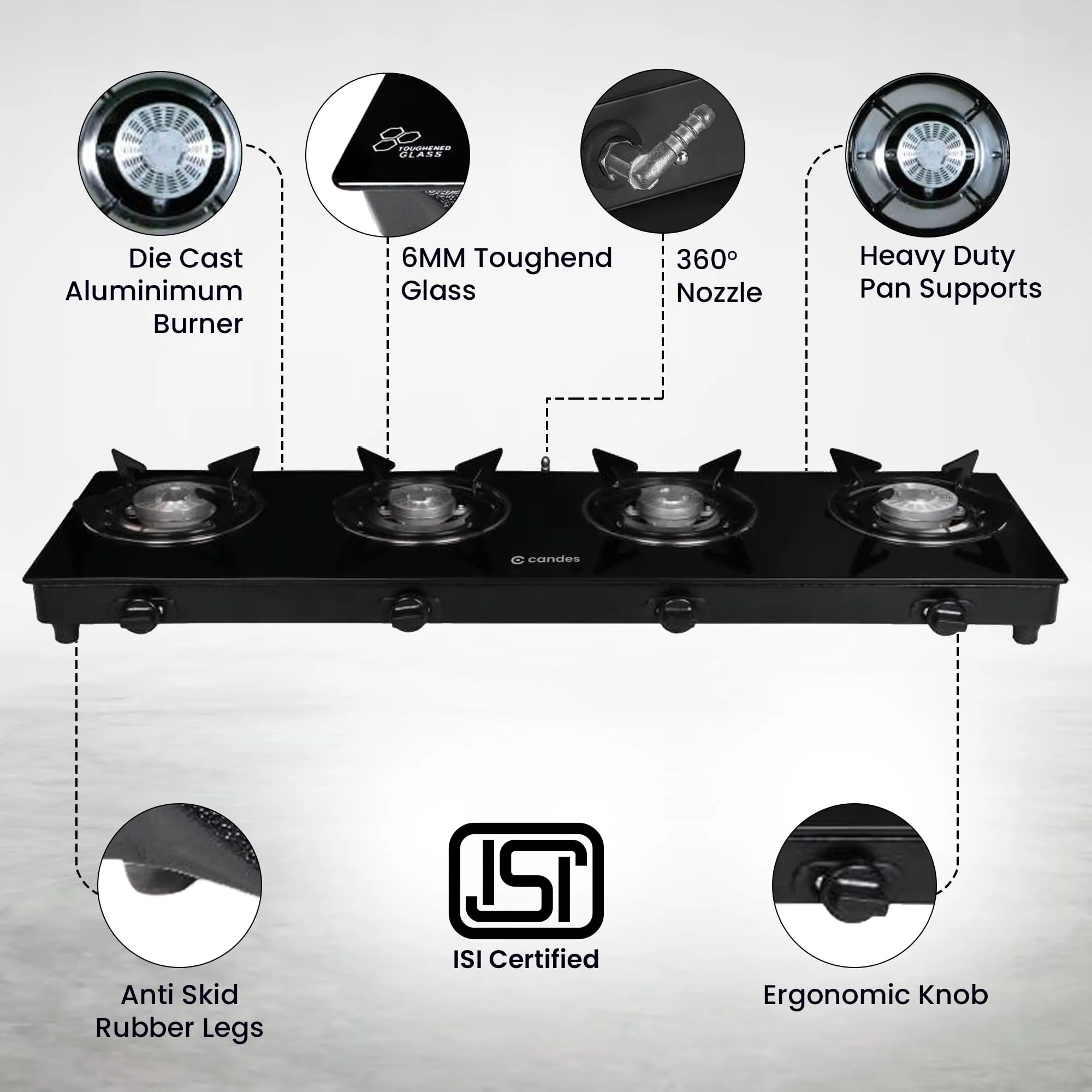 Candes Toughened Glass Automatic 4 Burner Gas Stove |Automatic Ignition & Die Cast Alloy Tornado Burner | LPG Gas Stove |ISI Certified | 300 Days Warranty| Black (4 Burner)