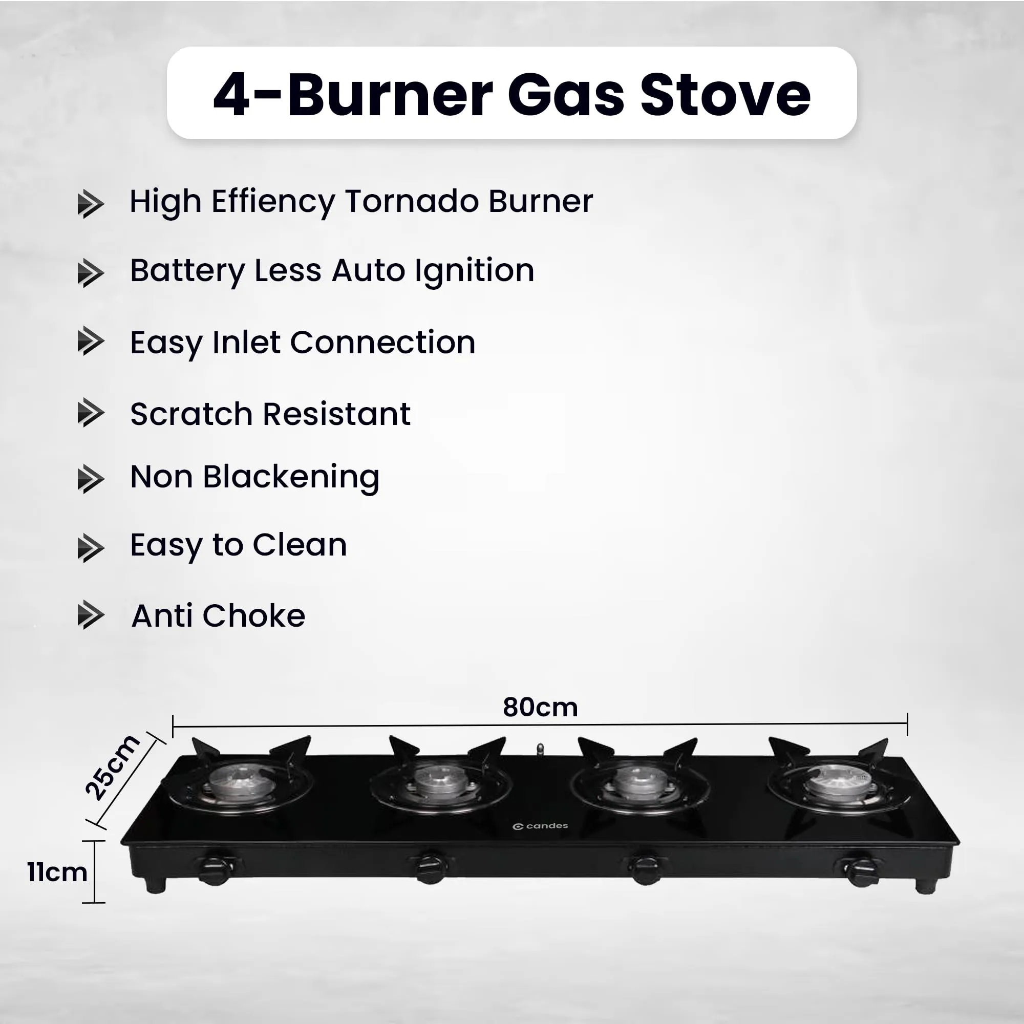 Candes Toughened Glass Automatic 4 Burner Gas Stove |Automatic Ignition & Die Cast Alloy Tornado Burner | LPG Gas Stove |ISI Certified | 300 Days Warranty| Black (4 Burner)