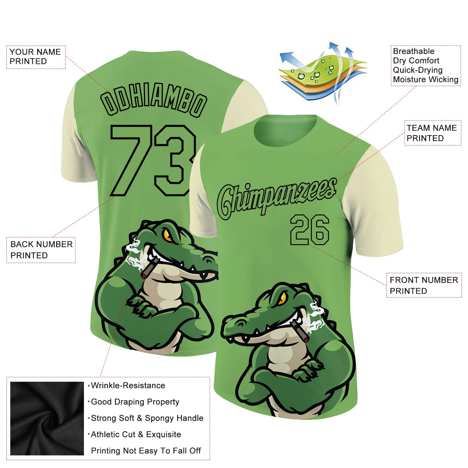 Custom Aurora Green Black-Cream 3D Pattern Design Crocodile Performance T-Shirt