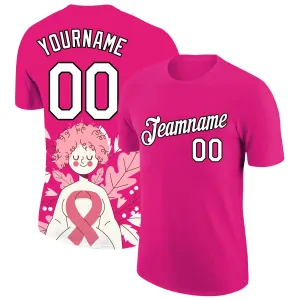 Custom Hot Pink White-Black 3D Pink Ribbon Breast Cancer Performance T-Shirt