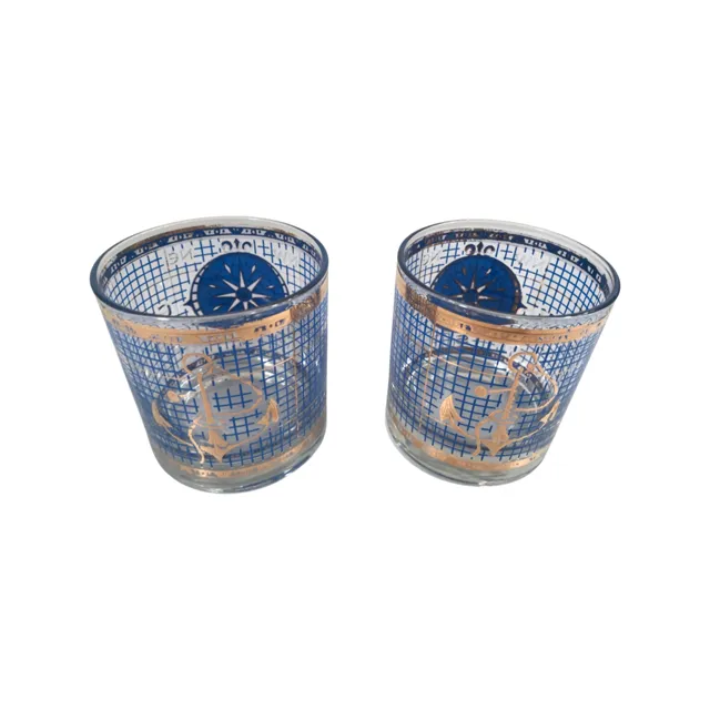 Georges Briard Signed Blue and Gold Navigation/Compass Glasses (Set of 2)