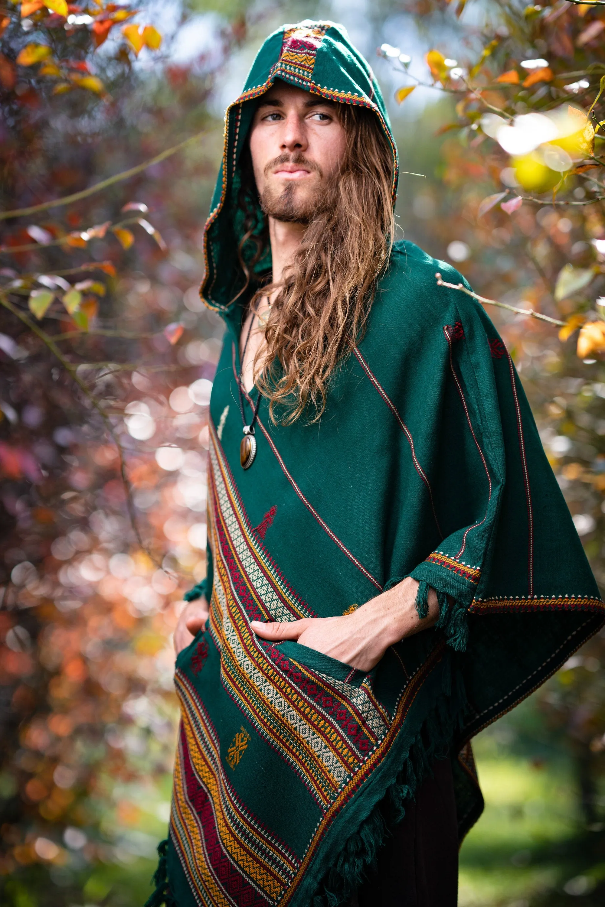 HODDI Mens Hooded Poncho Green Cashmere and Acrylic Wool Pockets Tribal Embroidery Celtic Festival Rave Mexican Primitive Large Hood AJJAYA