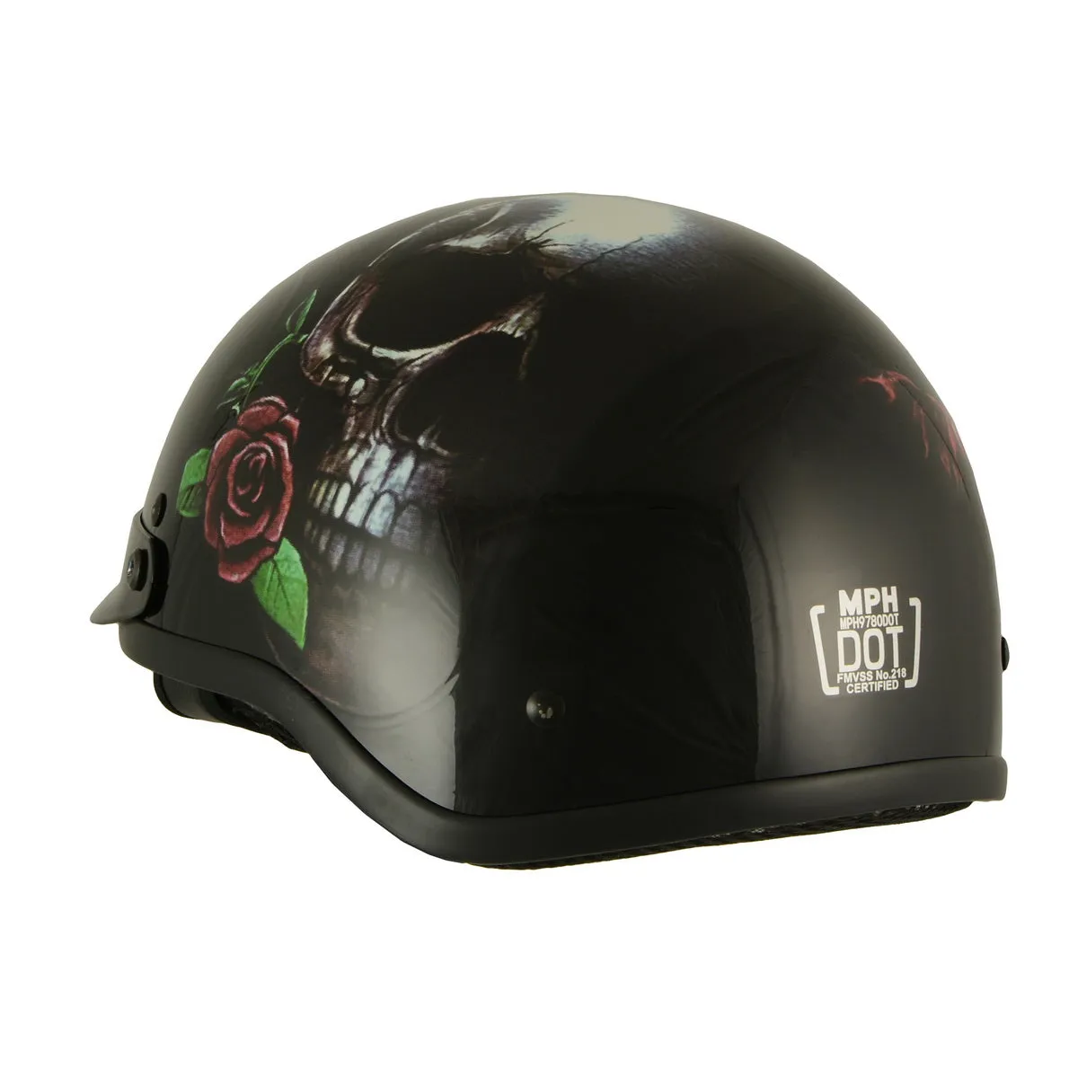 Milwaukee Helmets MPH9780 Black 'Rose Skull & Revolver' DOT Half Helmet