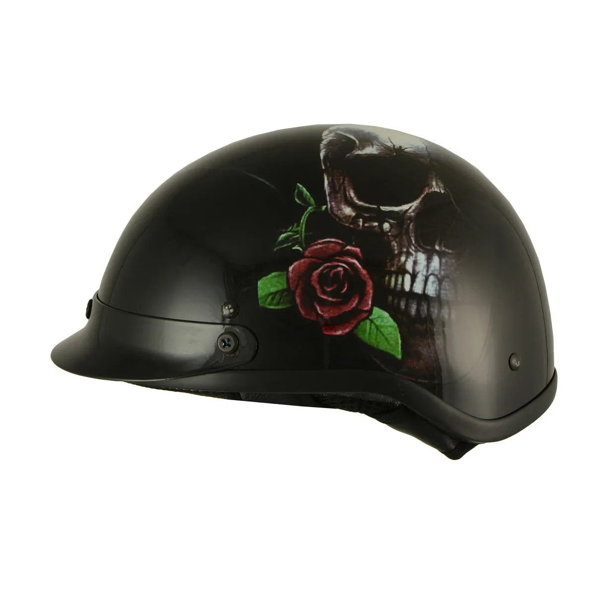 Milwaukee Helmets MPH9780 Black 'Rose Skull & Revolver' DOT Half Helmet