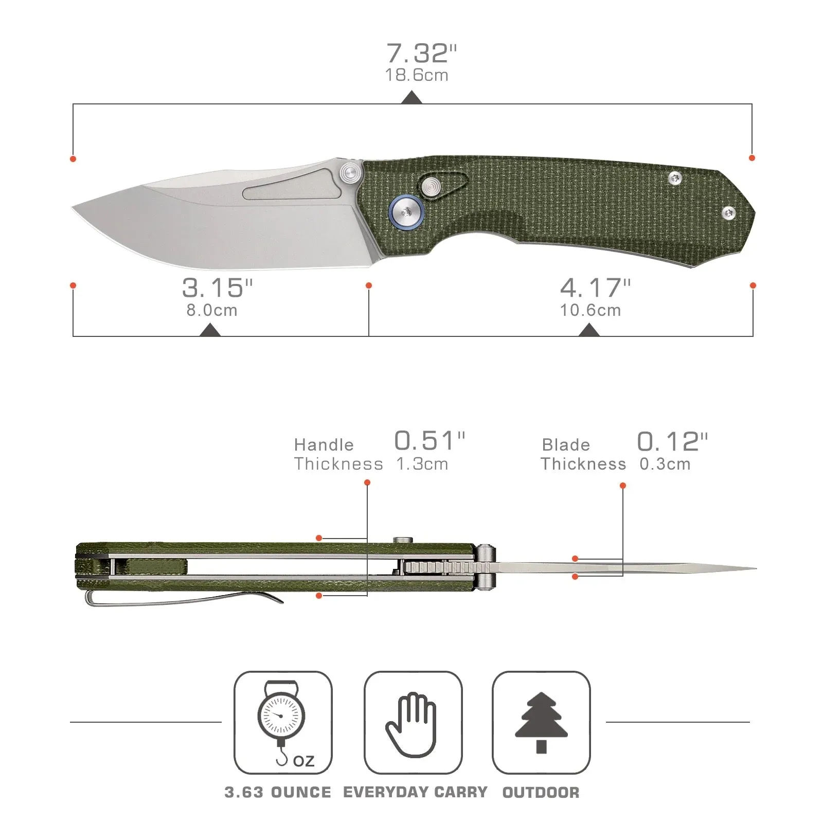 Remette Rhino EDC Folding Knife 3.15in 14C28N Blade Green Micarta Handles - MC319G