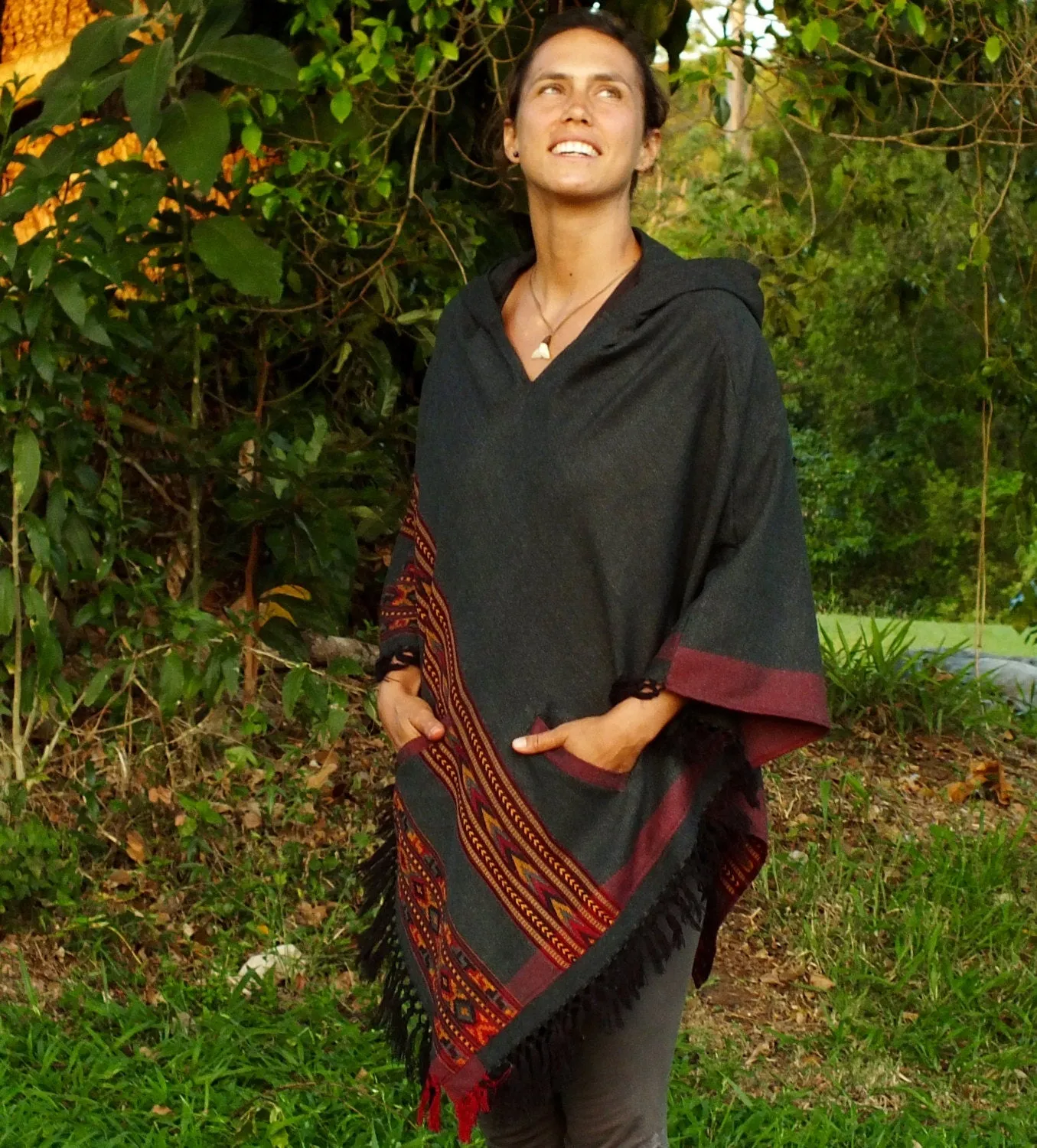 SAMADHI Handmade Embroidered Grey Poncho with Hood YAK Wool and Acrylic Wool Blend Earthy Tribal Alternative Pattern Festival Gypsy AJJAYA