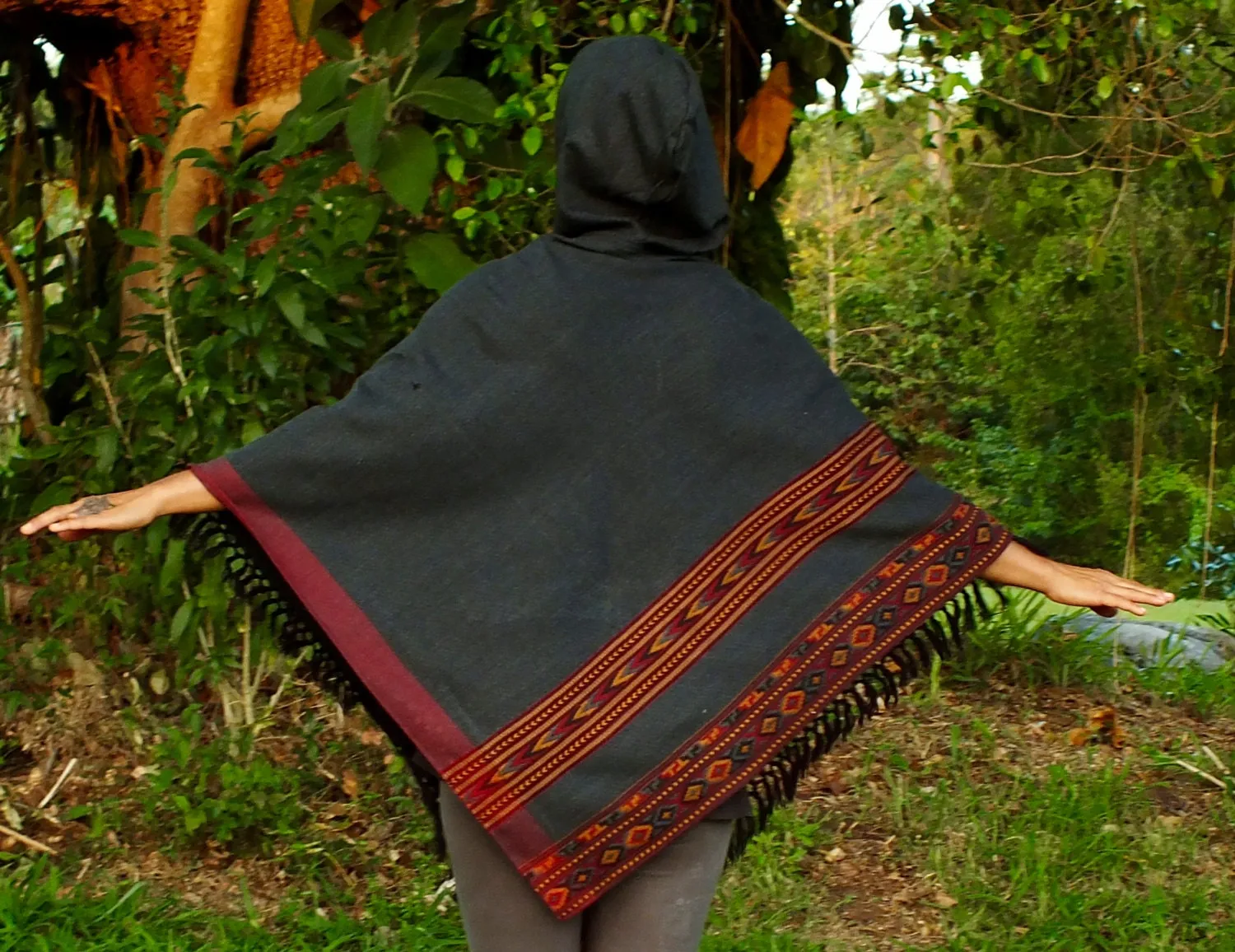 SAMADHI Handmade Embroidered Grey Poncho with Hood YAK Wool and Acrylic Wool Blend Earthy Tribal Alternative Pattern Festival Gypsy AJJAYA