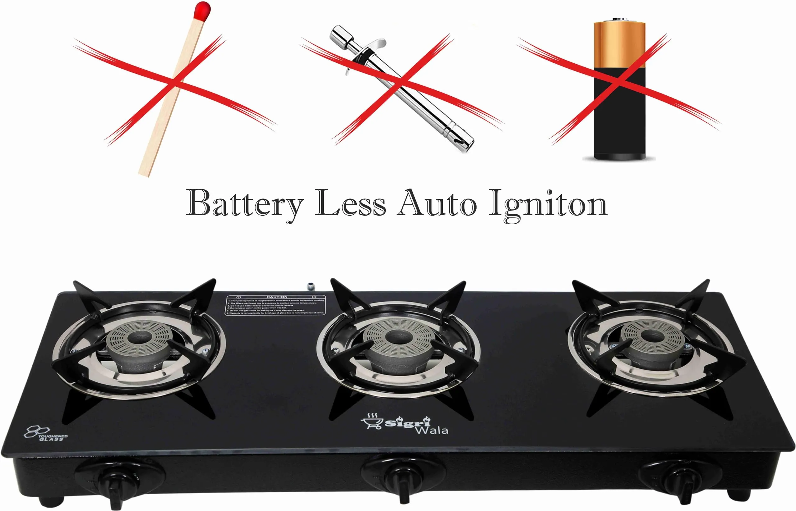 Sigri-wala 3B PNG/CNG Compatible Battery less Glass Automatic Gas Stove (3 Burners)