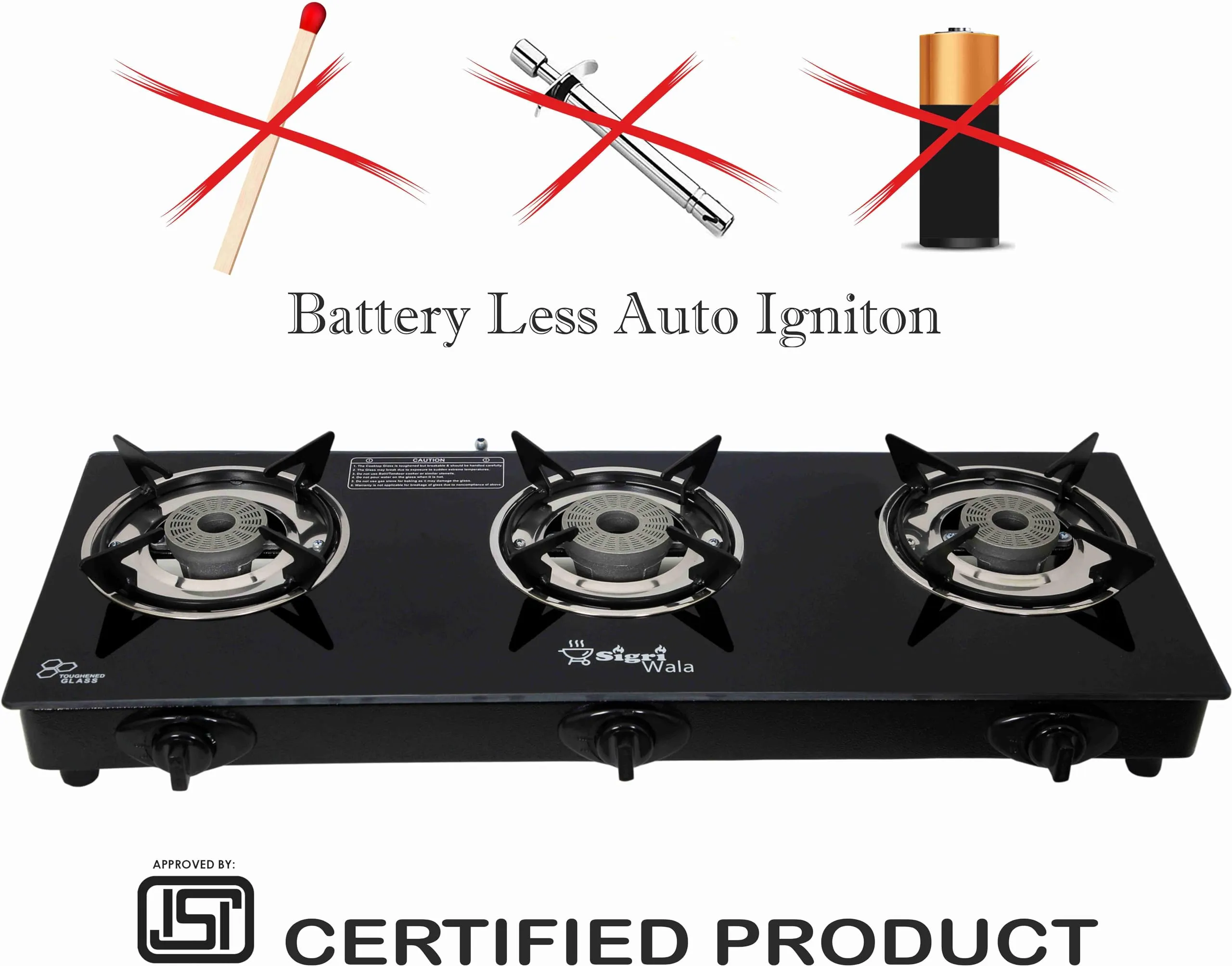 Sigri-wala Glass Automatic Gas Stove (3 Burners)