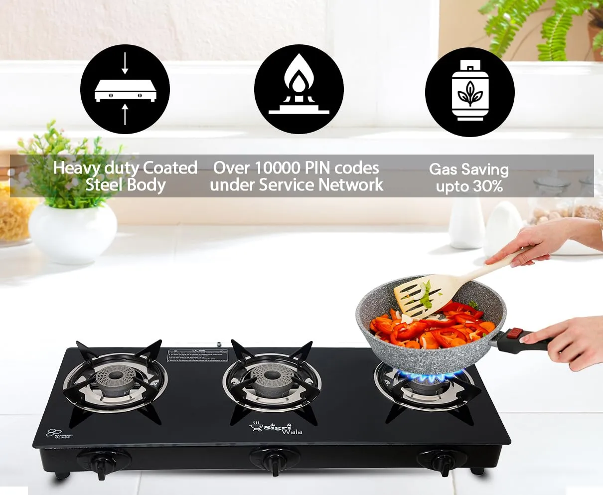 Sigri-wala Glass Automatic Gas Stove (3 Burners)