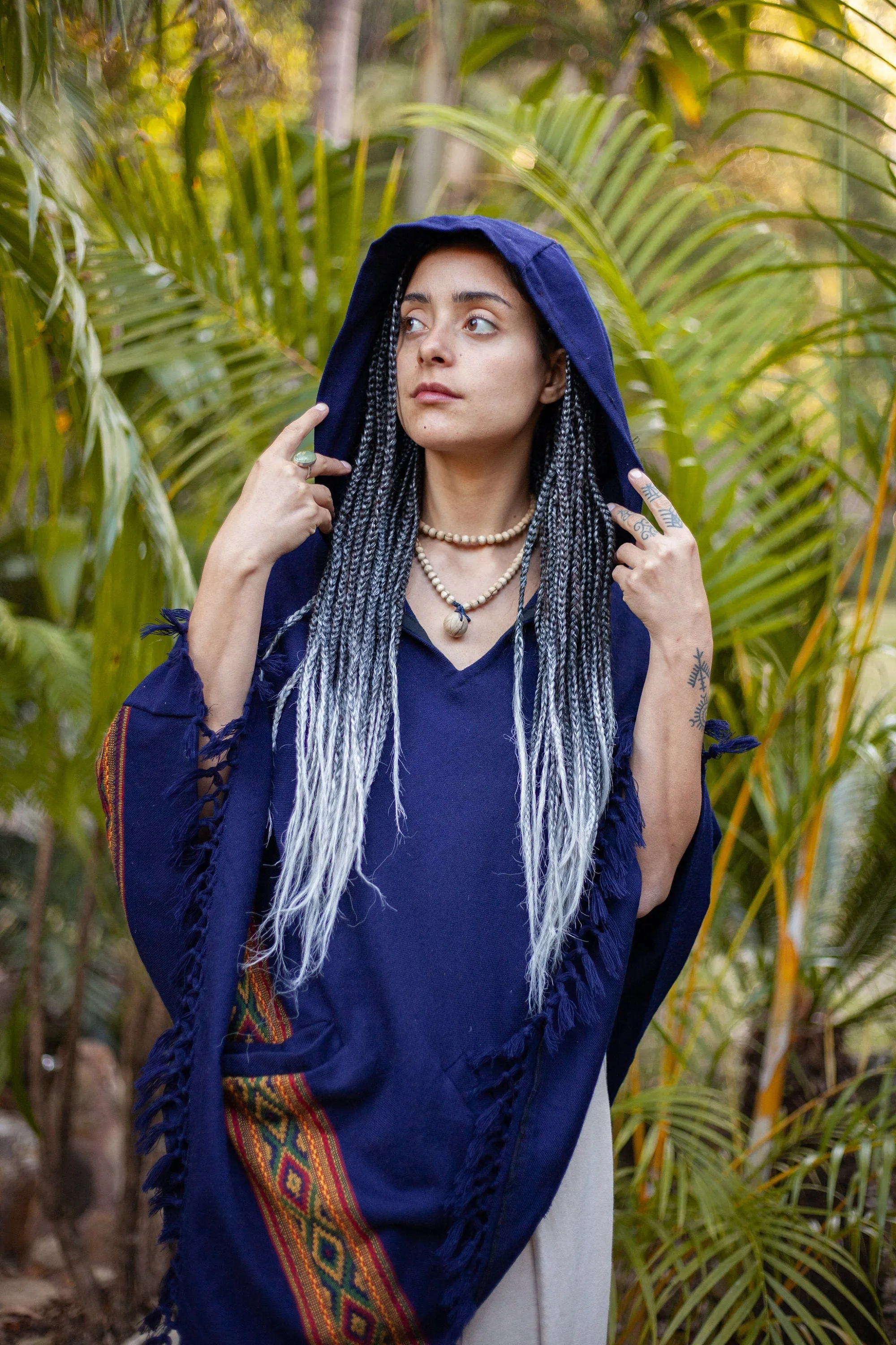 UPEKKHA Womens Poncho Indigo Purple Hooded Cashmere and Acrylic Wool Tribal Embroidery Large Hood Pockets Hippie Primitive Boho AJJAYA