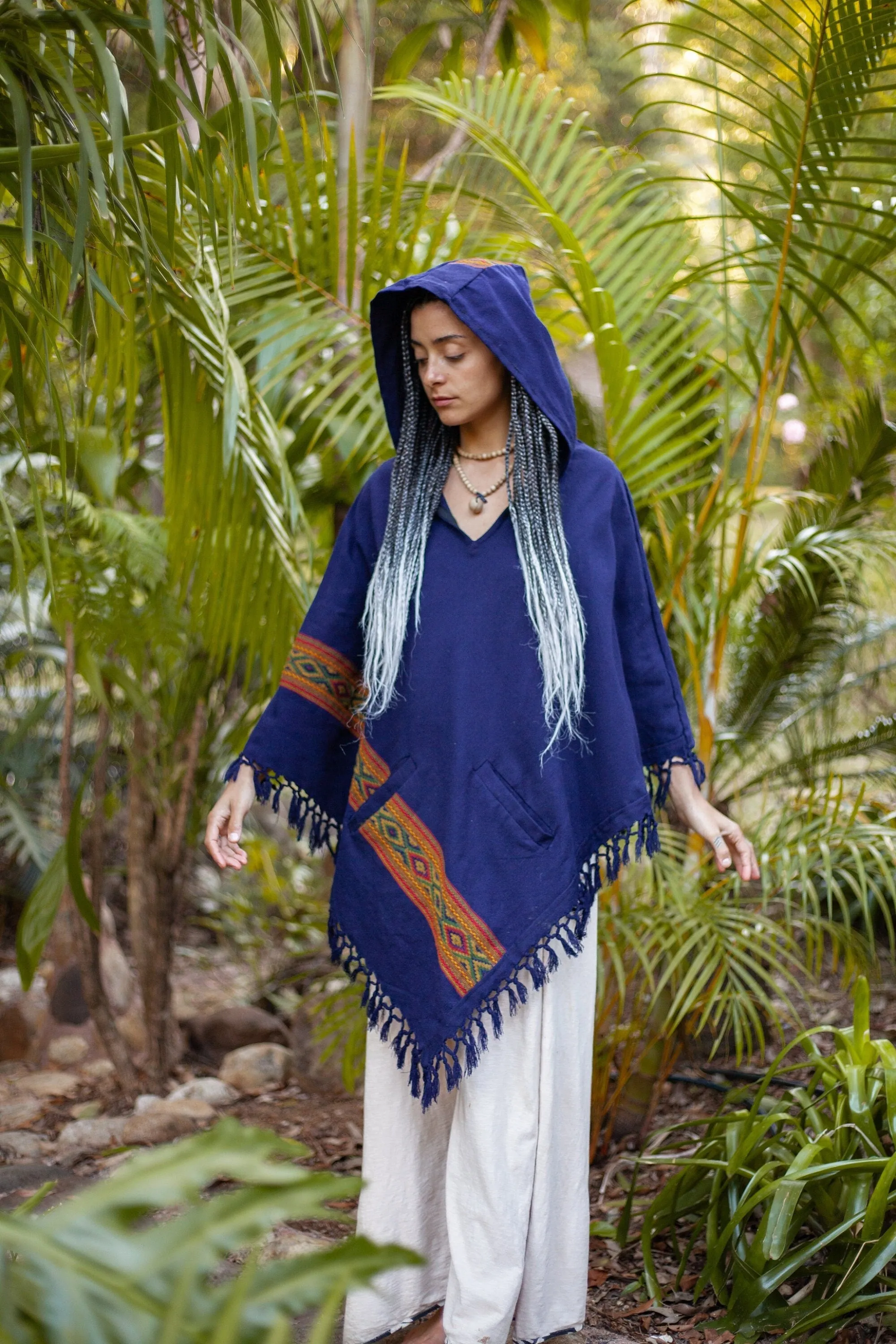 UPEKKHA Womens Poncho Indigo Purple Hooded Cashmere and Acrylic Wool Tribal Embroidery Large Hood Pockets Hippie Primitive Boho AJJAYA