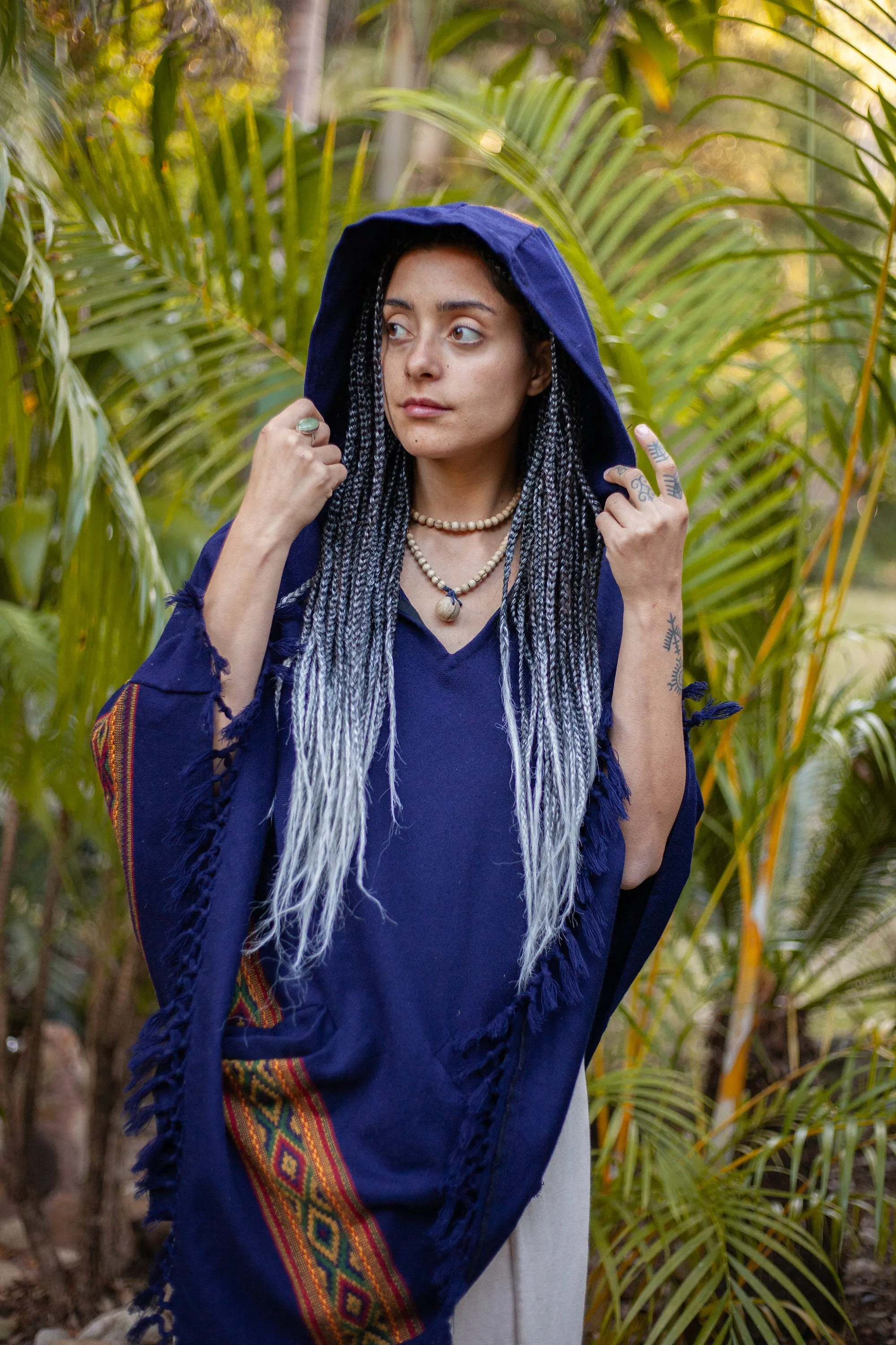 UPEKKHA Womens Poncho Indigo Purple Hooded Cashmere and Acrylic Wool Tribal Embroidery Large Hood Pockets Hippie Primitive Boho AJJAYA