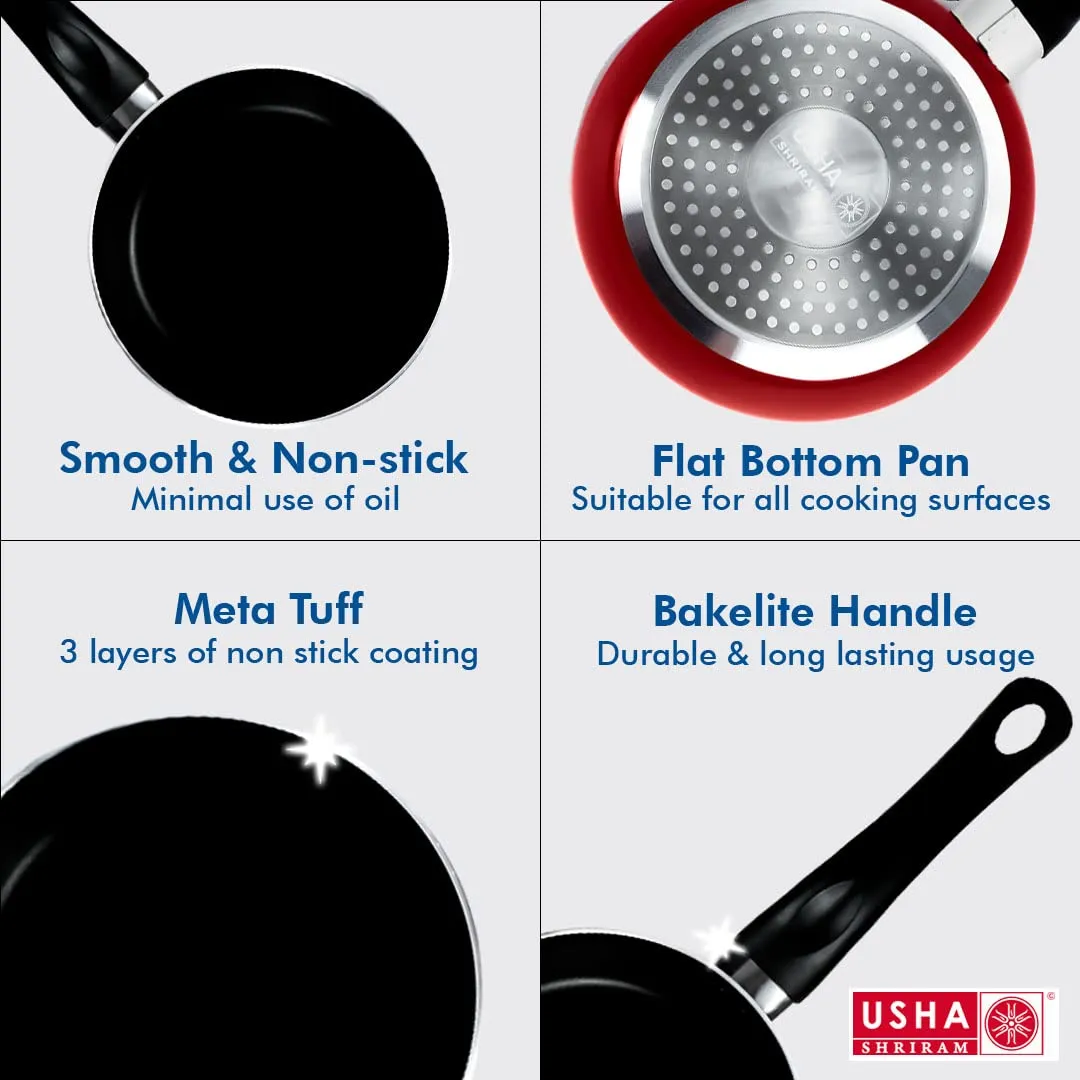 USHA SHRIRAM Non Stick Frying Pan (18cm) | Stove & Induction Cookware | Minimal Oil Cooking | Easy Grip Handle | 3 Layer Non Stick Coating | Non-Toxic & Lightweight | Red Colour