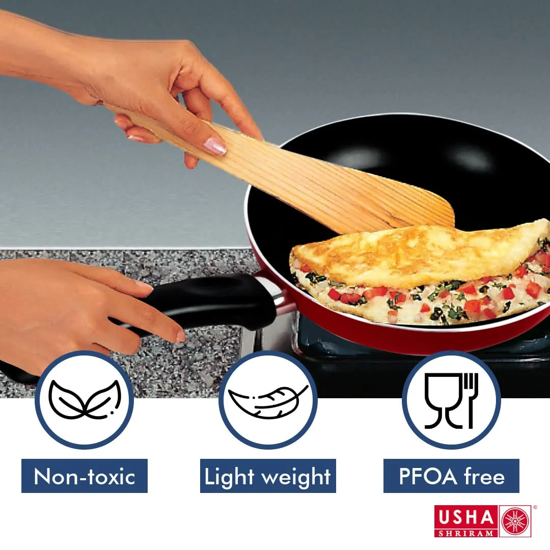 USHA SHRIRAM Non Stick Frying Pan (26cm) | Stove & Induction Cookware | Minimal Oil Cooking | Easy Grip Handle | 3 Layer Non Stick Coating | Non-Toxic & Lightweight | Red Colour