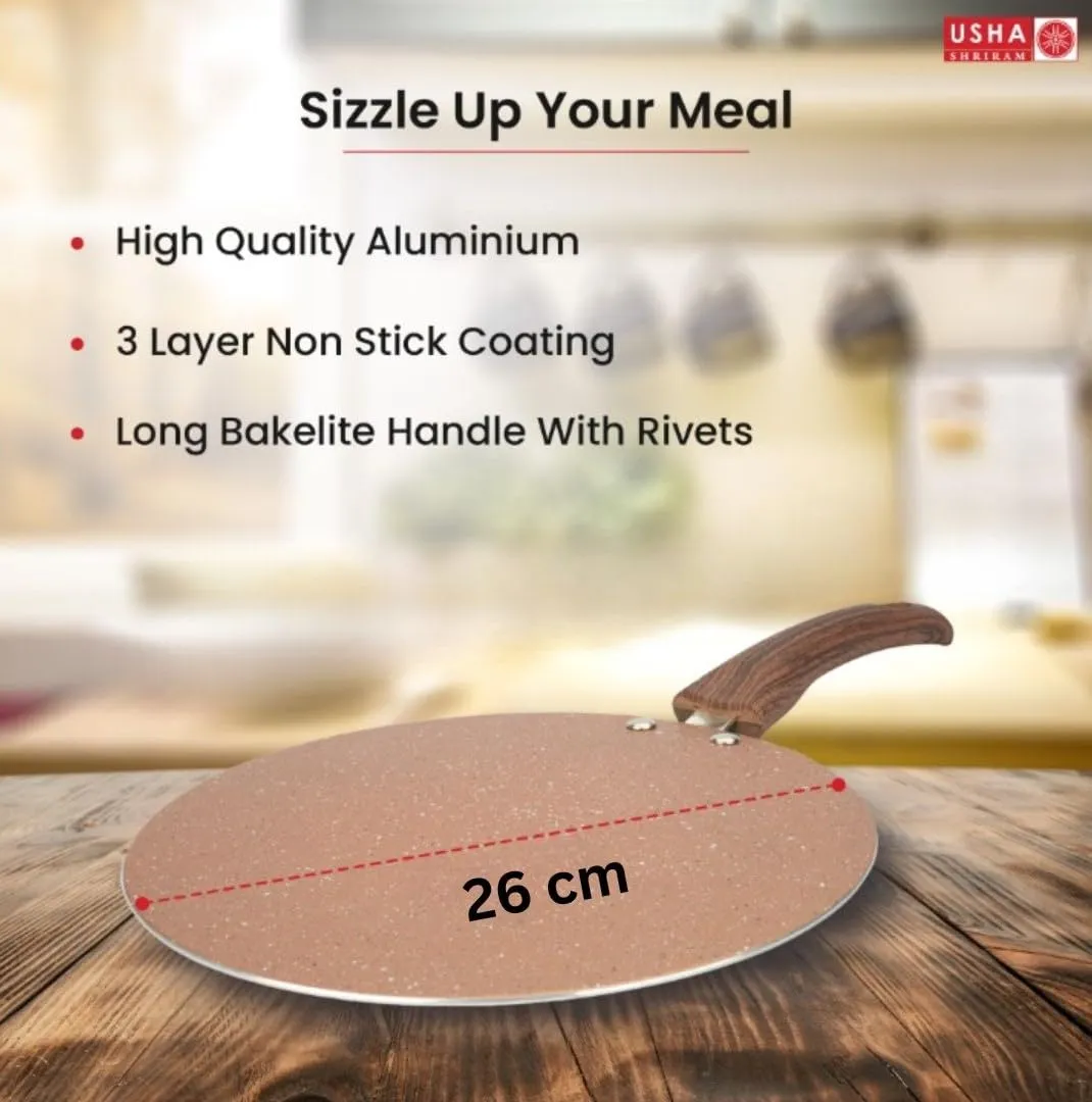 USHA SHRIRAM Non Stick Roti Tawa with Riveted Handle | 26 cm Diameter | High Grade Aluminium | Scratch Resistant Surface | Roti Nonstick Dosa Tawa Non Stick Pan | Gold