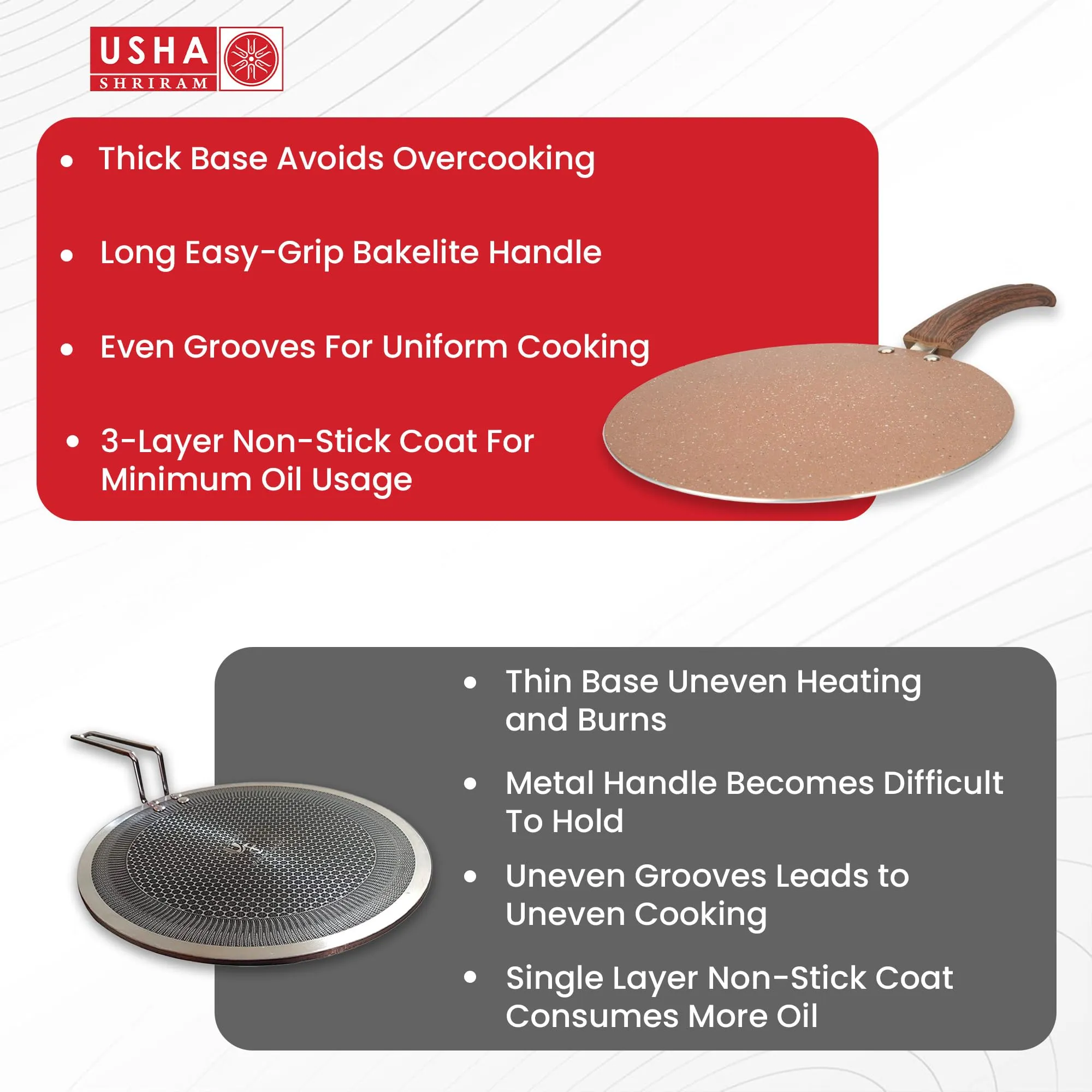 USHA SHRIRAM Non Stick Roti Tawa with Riveted Handle | 26 cm Diameter | High Grade Aluminium | Scratch Resistant Surface | Roti Nonstick Dosa Tawa Non Stick Pan | Gold