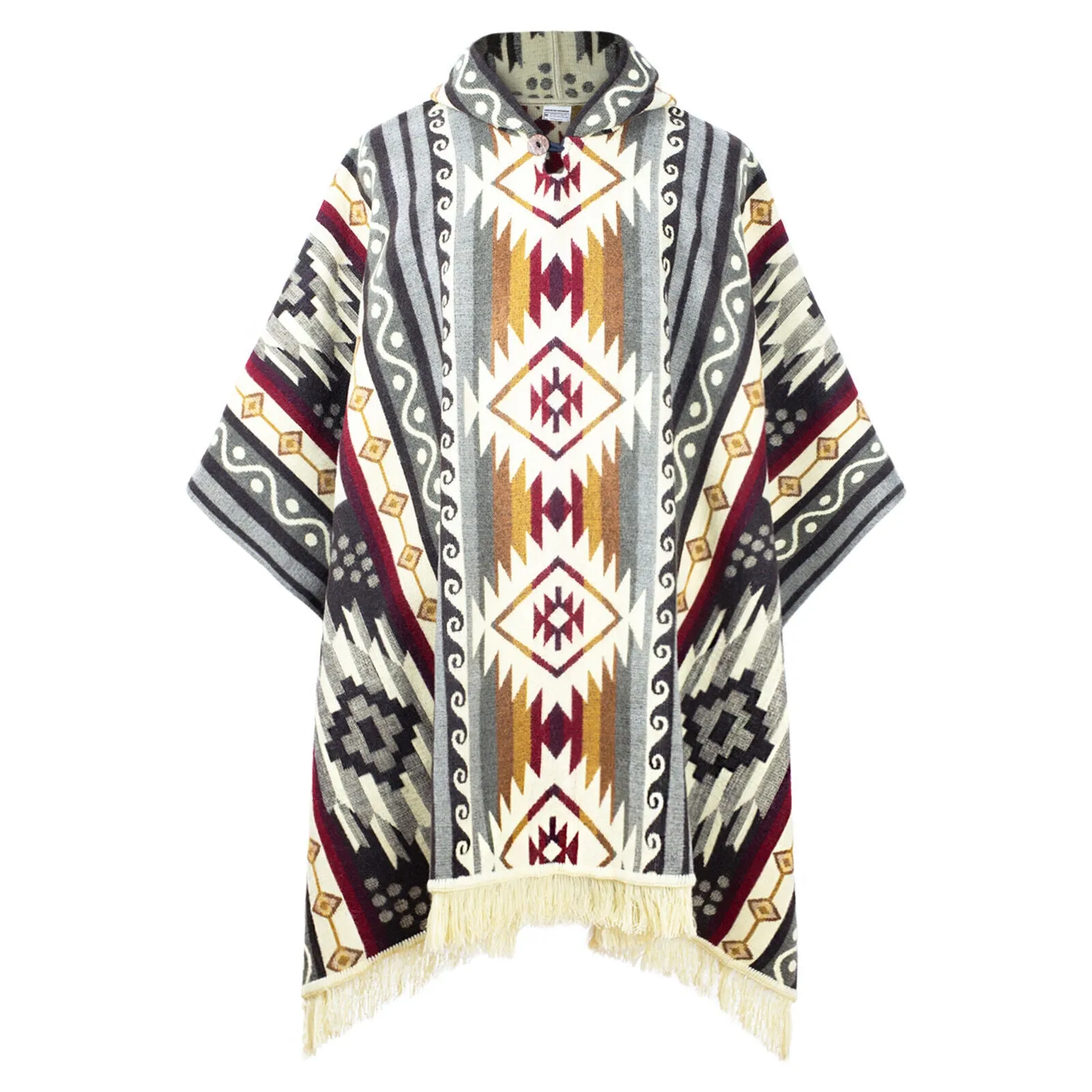 Yambaca - Baby Alpaca wool Unisex Hooded Poncho Pullover S-XXL - gray - Aztec pattern