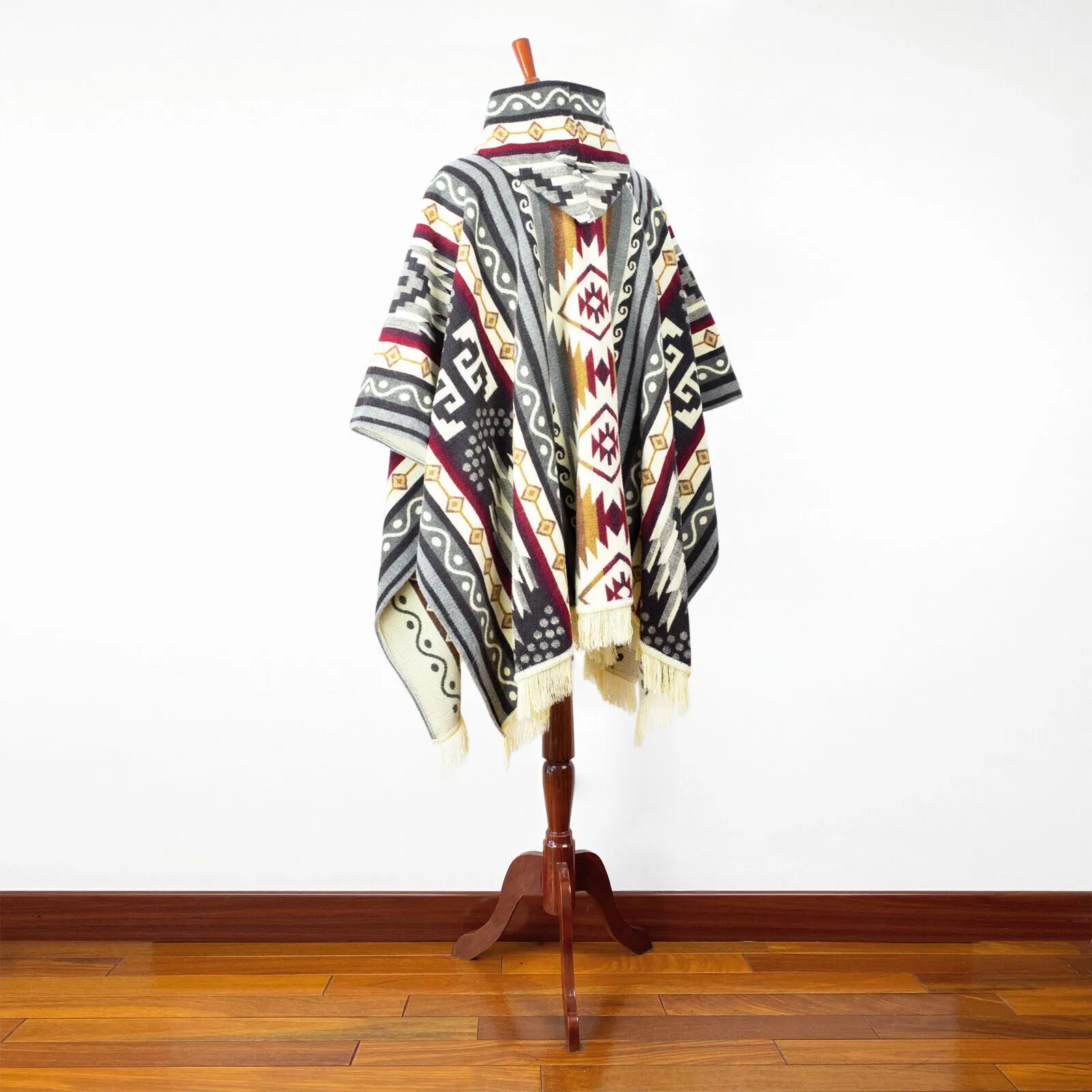 Yambaca - Baby Alpaca wool Unisex Hooded Poncho Pullover S-XXL - gray - Aztec pattern