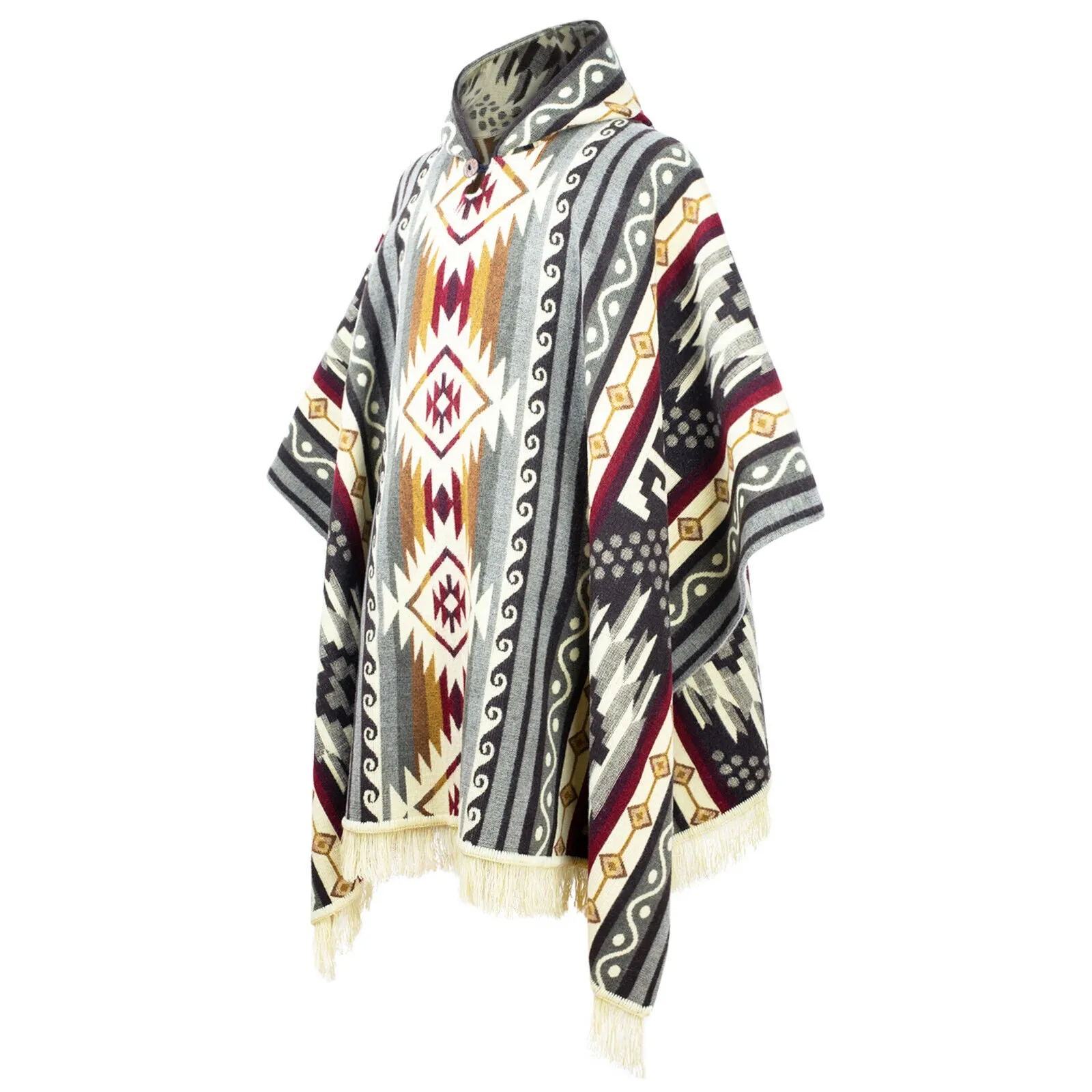 Yambaca - Baby Alpaca wool Unisex Hooded Poncho Pullover S-XXL - gray - Aztec pattern